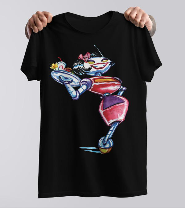 Retro Futuristic Robot Waitress Cartoon With Tray T-Shirt