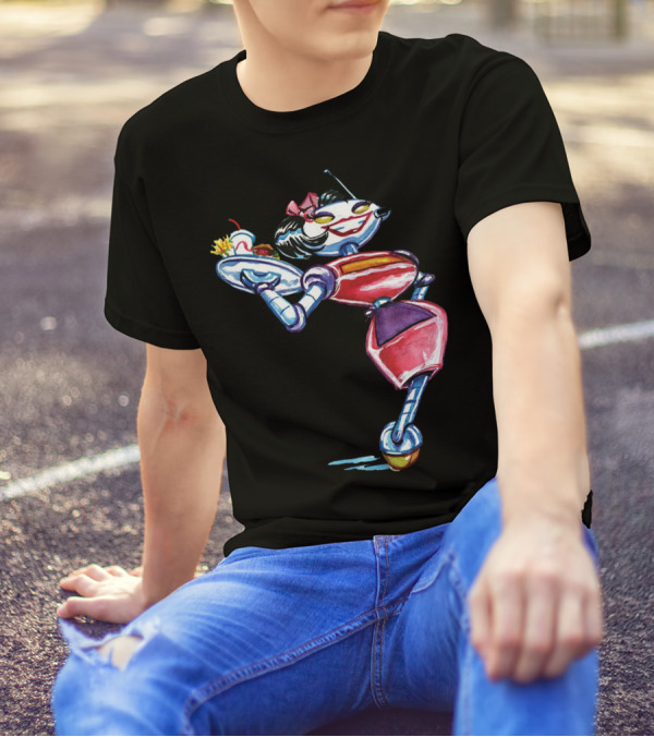 Retro Futuristic Robot Waitress Cartoon With Tray T-Shirt