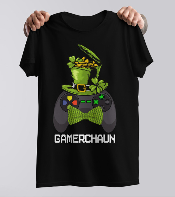 Gamerchaun Leprechaun Hat Controller Bow Tie Coins T-Shirt