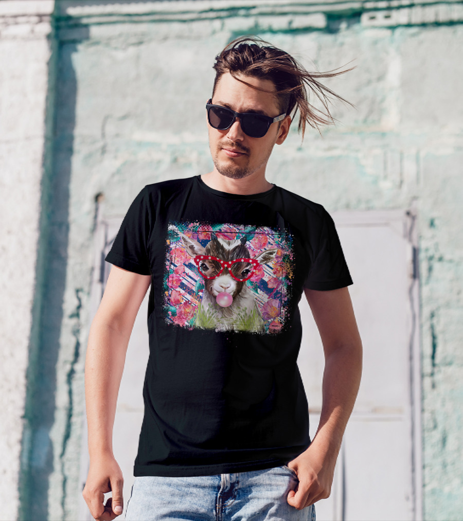 Colorful Floral Goat With Red Glasses And Bubblegum T-Shirt