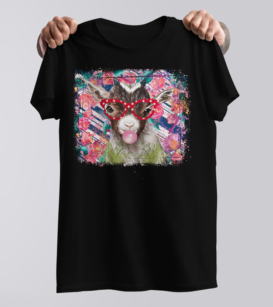 Colorful Floral Goat With Red Glasses And Bubblegum T-Shirt