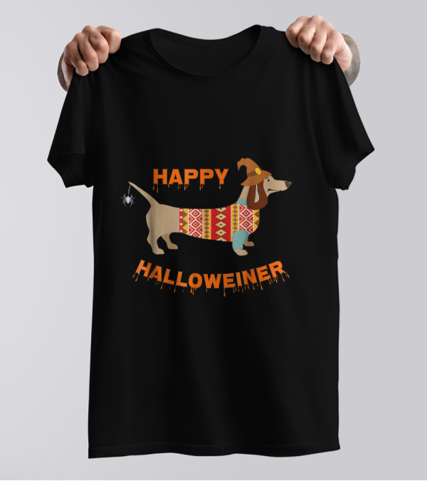 Happy Halloweiner Dachshund Wearing Witch Hat And Patterned Sweater With Spider T-Shirt
