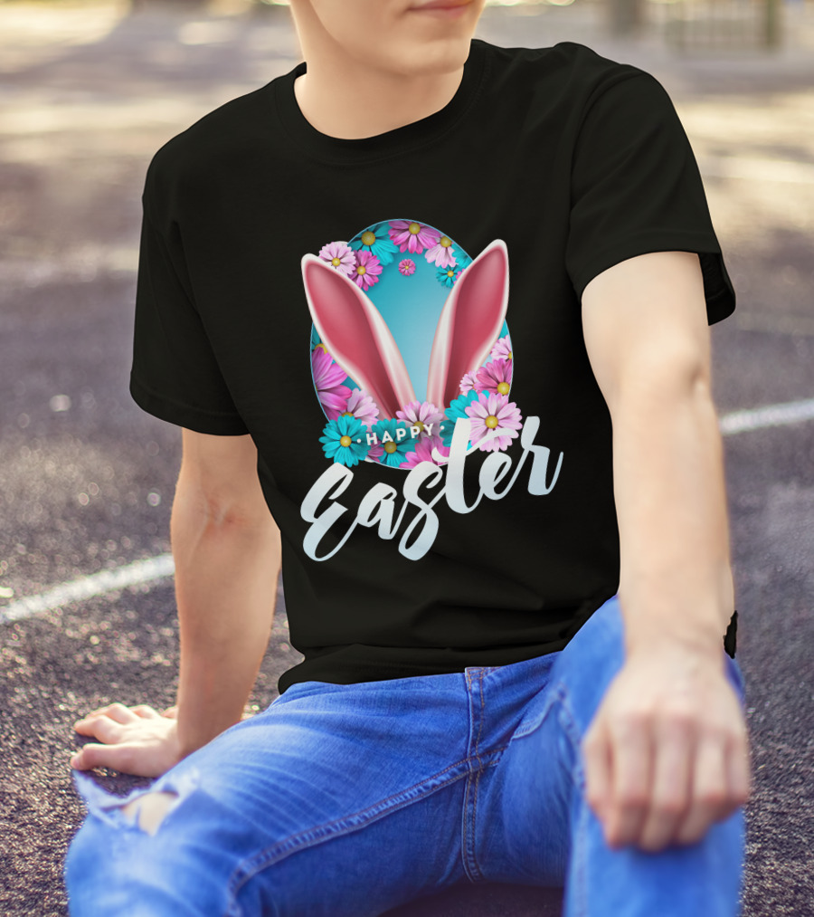 Happy Easter Bunny Ears And Flowers Egg T-Shirt