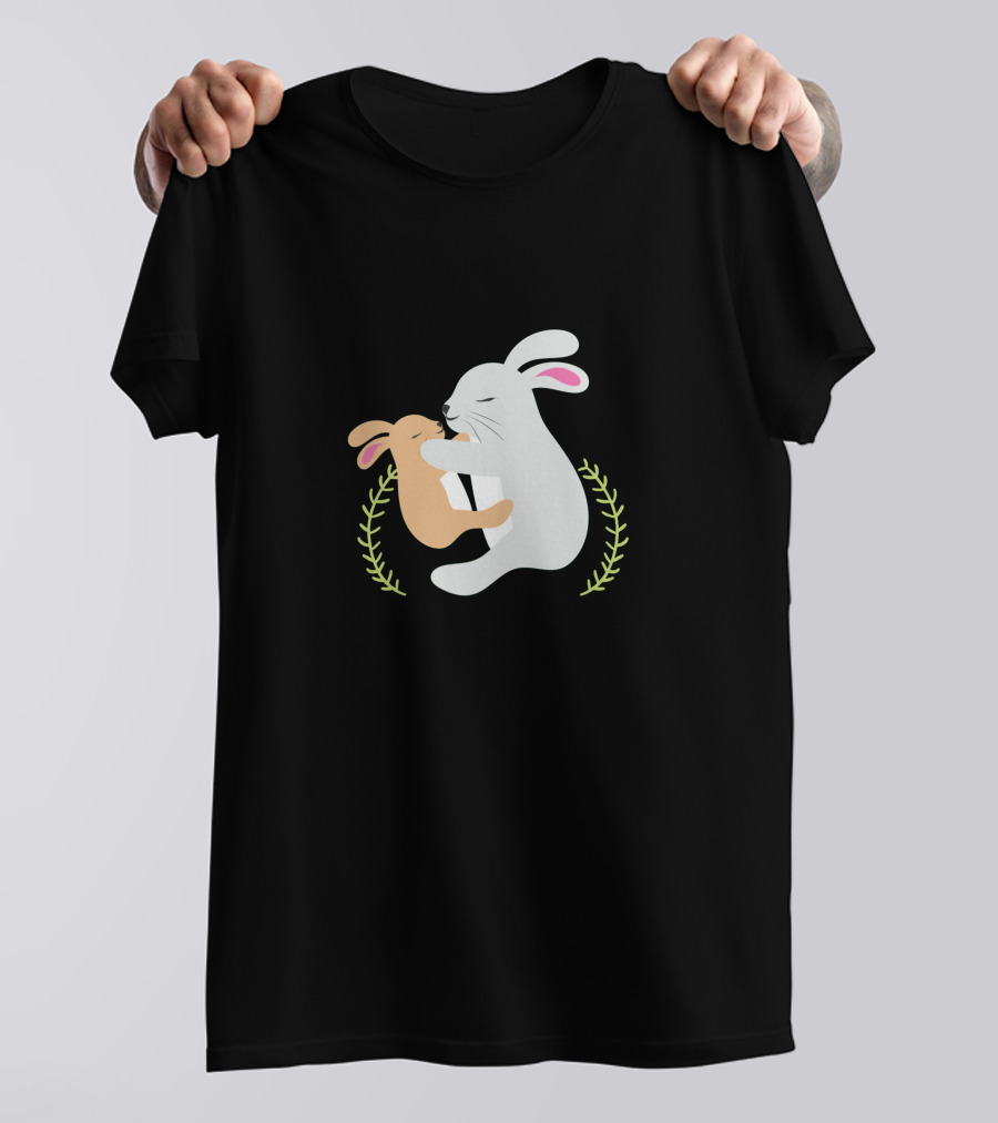 Happy Easter Mother And Child Rabbits Embracing Laurel Greenery T-Shirt