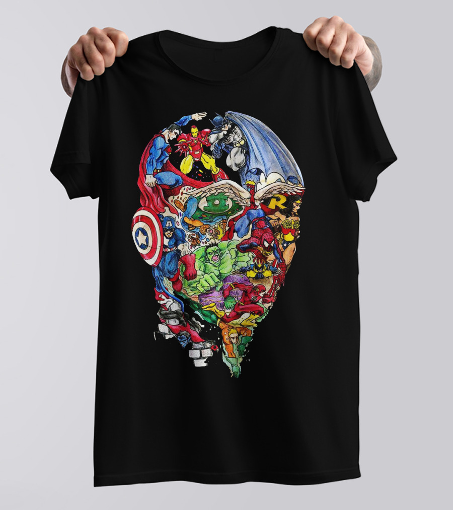 Heroic Mind Superhero Collage Featuring Iconic Marvel And DC Characters T-Shirt