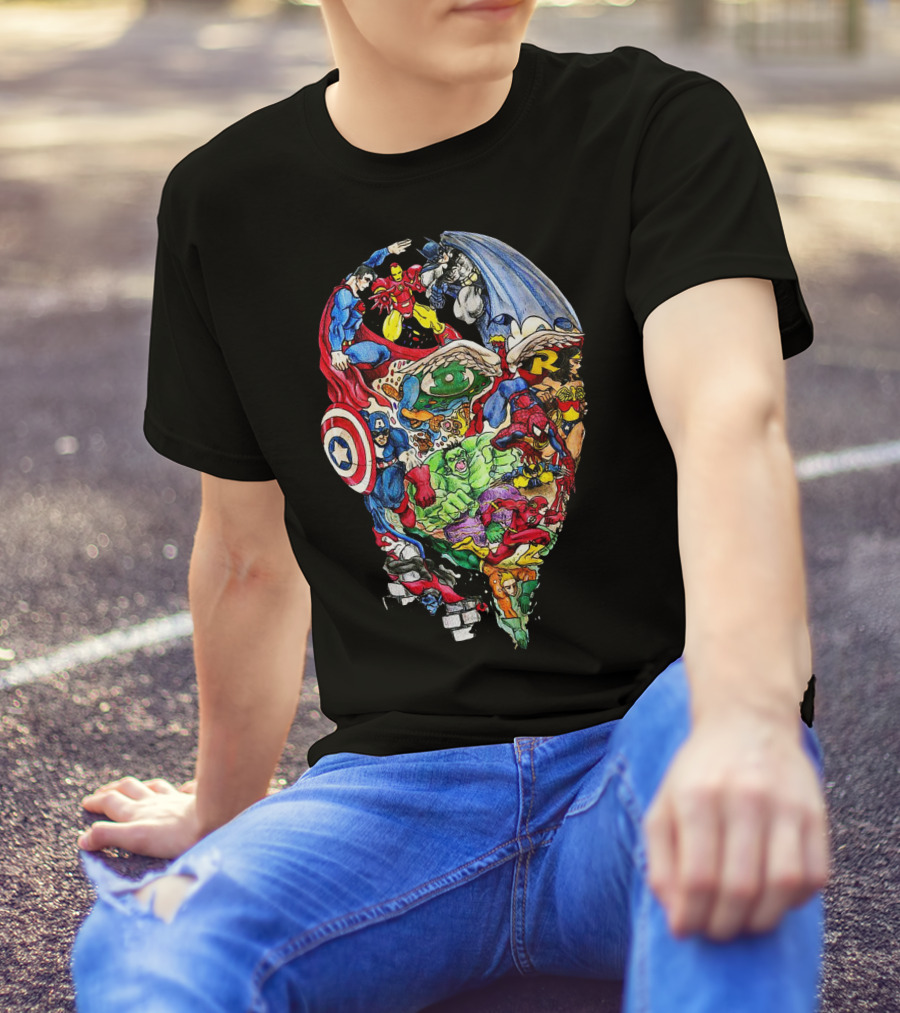Heroic Mind Superhero Collage Featuring Iconic Marvel And DC Characters T-Shirt