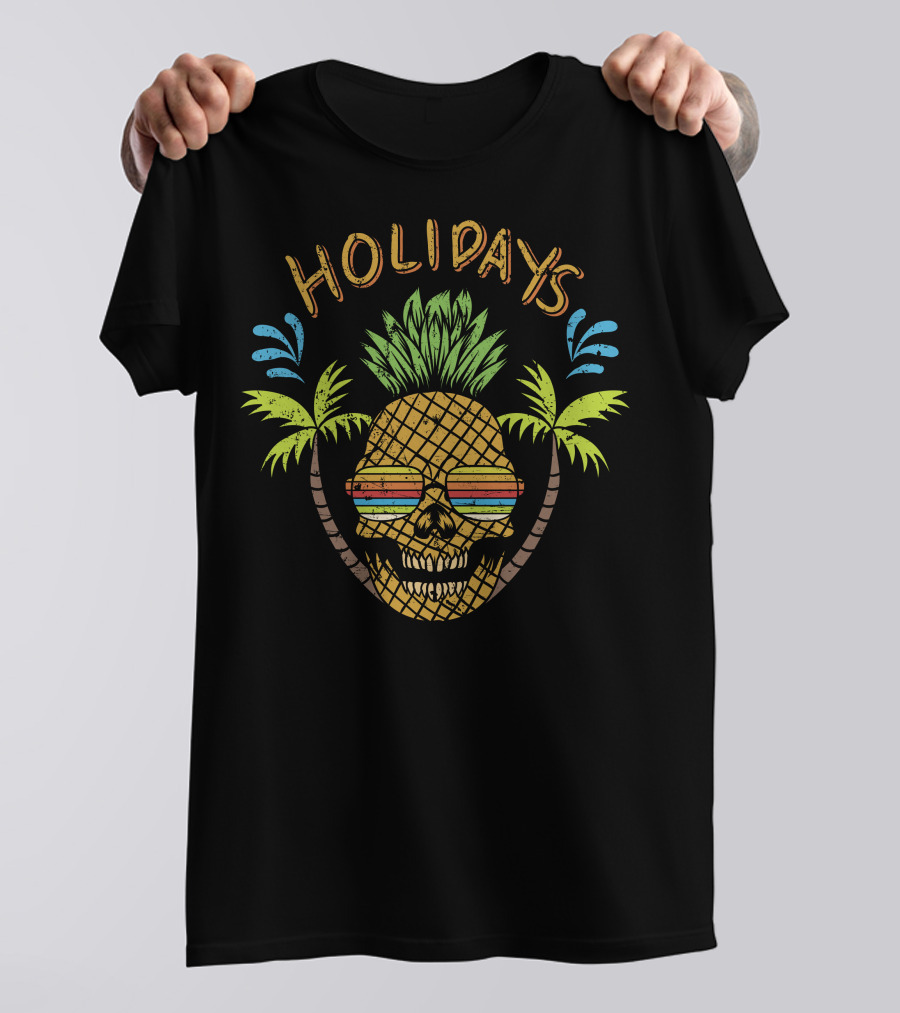 Holidays Tropical Pineapple Skull With Sunglasses And Palm Trees T-Shirt