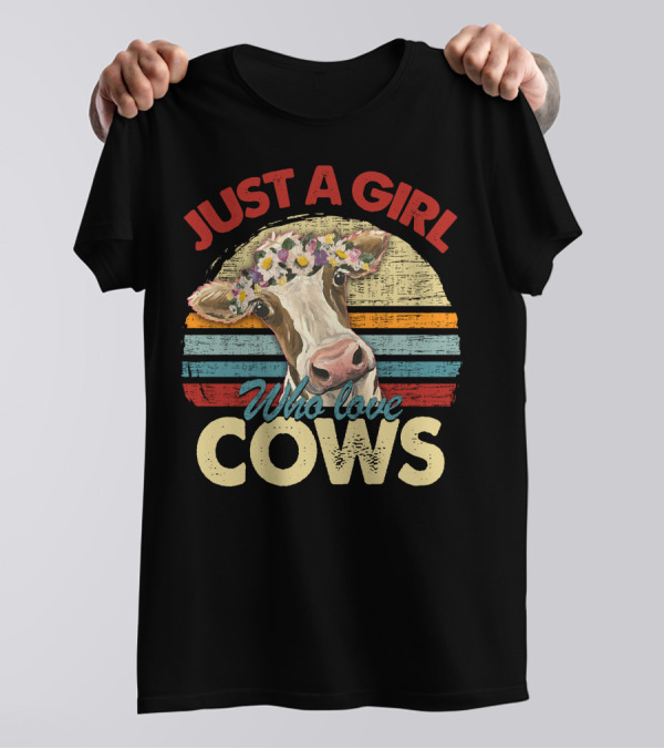 Just A Girl Who Love Cows Flower Crown Retro Stripes T-Shirt