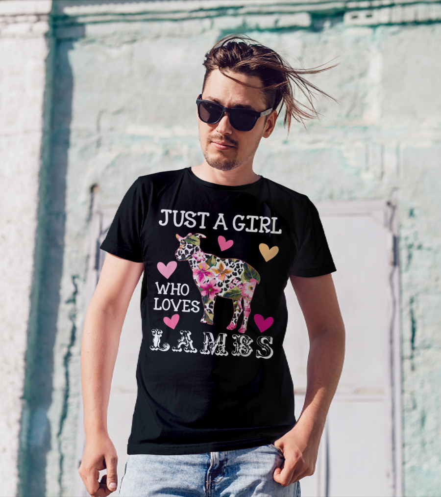 Just A Girl Who Loves Lambs Flower Pattern Hearts Dark T-Shirt