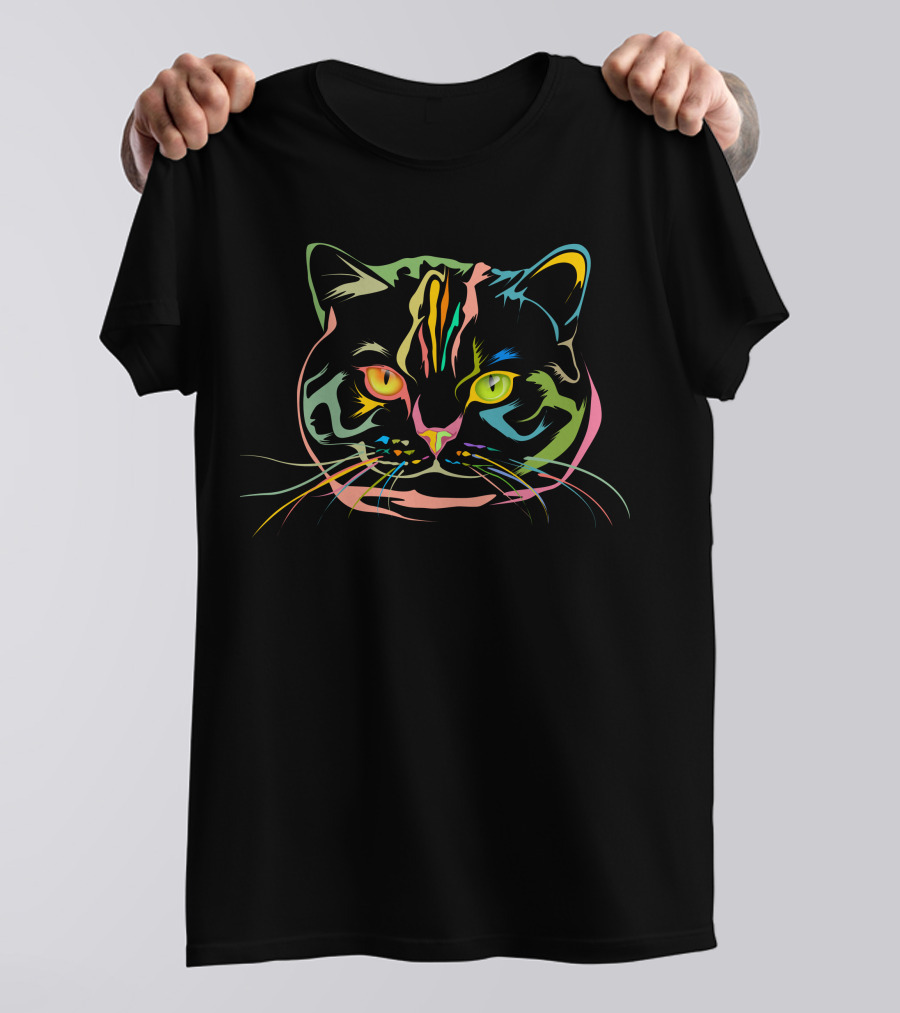 Line Full Color Cat Vibrant Head T-Shirt