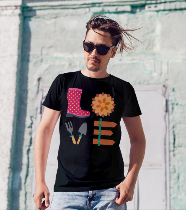 Love Farmer Polka Dot Boot Flower Garden Tools Icons T-Shirt