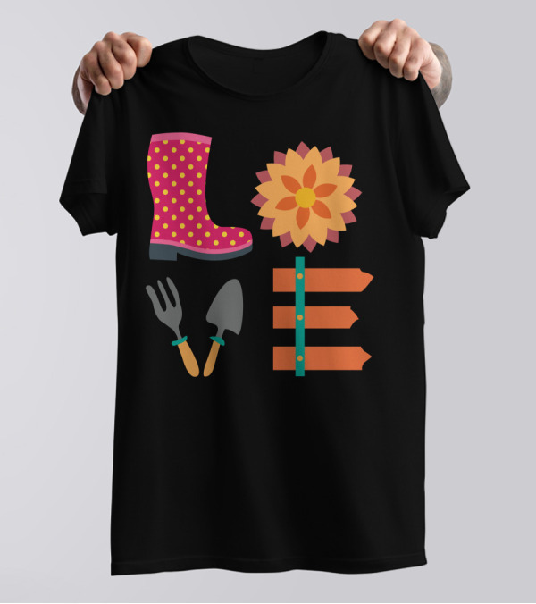 Love Farmer Polka Dot Boot Flower Garden Tools Icons T-Shirt