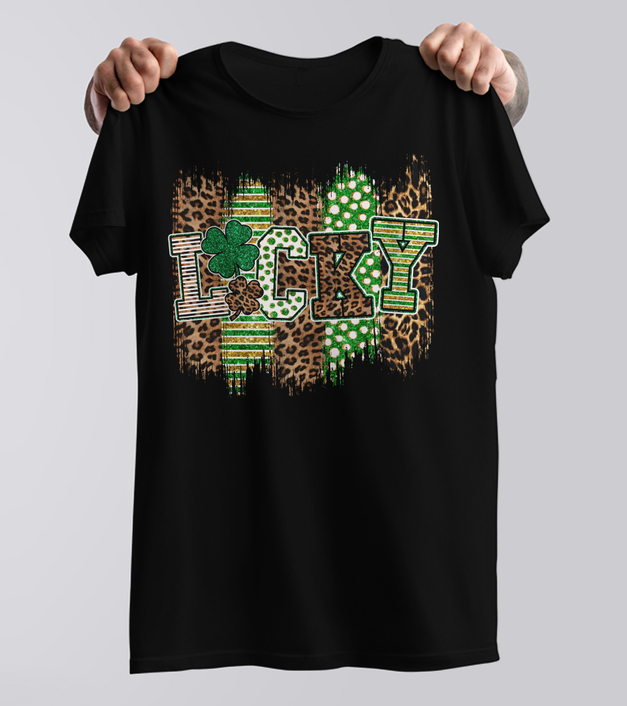 Lucky St Patrick Shamrock Leopard Polka Dot Stripes T-Shirt