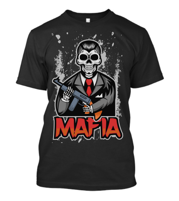 Mafia Skull With Suit And Gun On Splattered Background T-Shirt