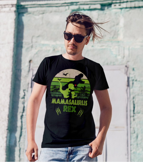 Mama Saurus Rex Dinosaur Silhouette With Heart And Palm Trees In Green Sunset Circle T-Shirt