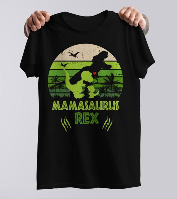 Mama Saurus Rex Dinosaur Silhouette With Heart And Palm Trees In Green Sunset Circle T-Shirt