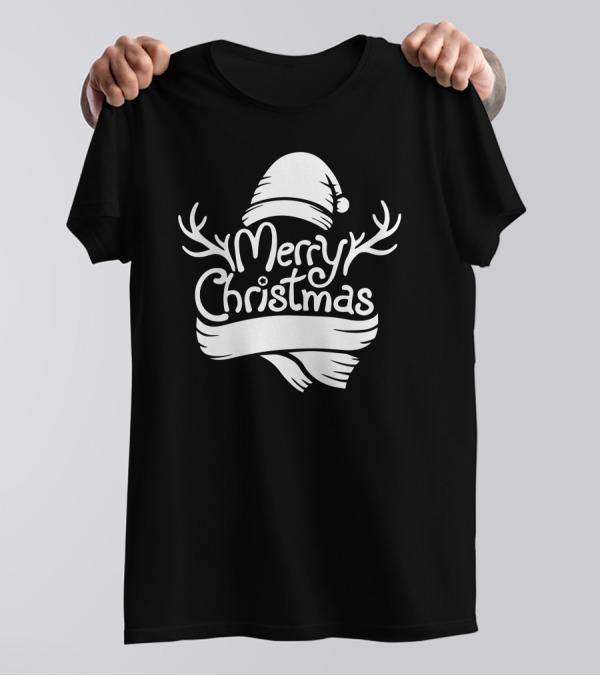 Merry Christmas Antlers Hat Scarf Text T-Shirt
