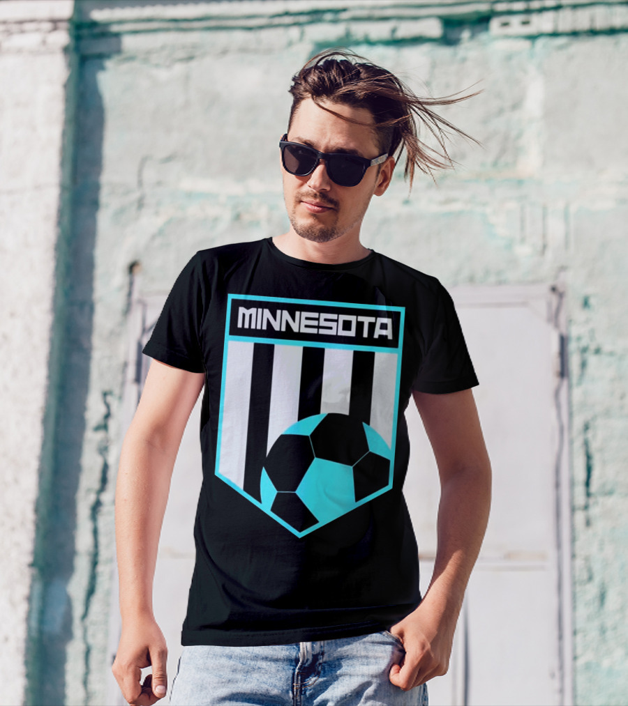 Minnesota Soccer Black And Blue Shield With Soccer Ball And Stripes T-Shirt