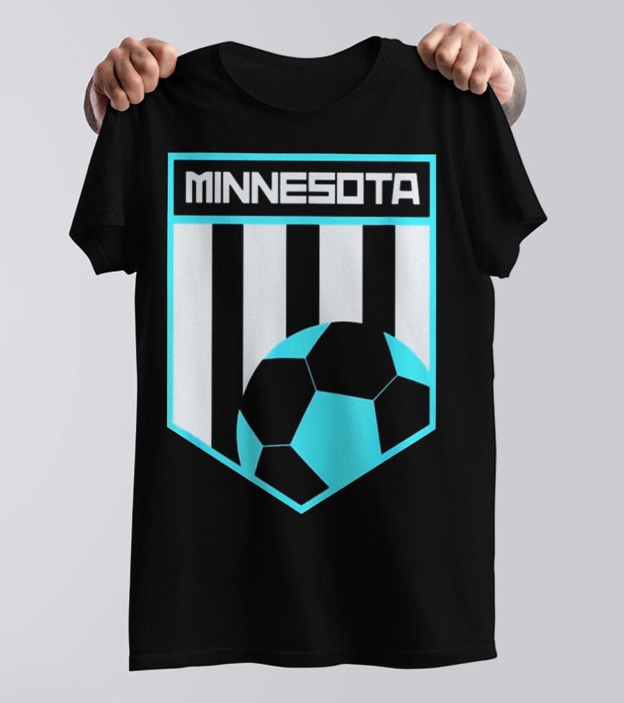 Minnesota Soccer Black And Blue Shield With Soccer Ball And Stripes T-Shirt