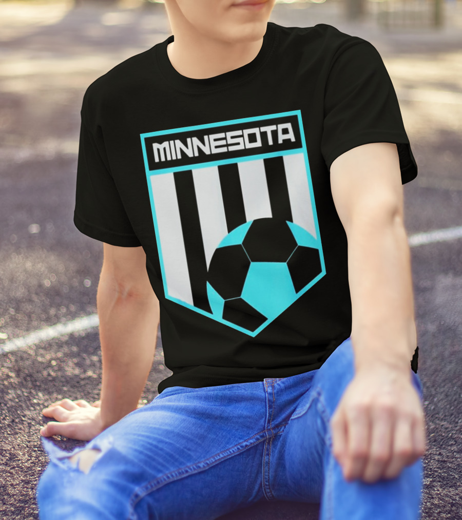 Minnesota Soccer Black And Blue Shield With Soccer Ball And Stripes T-Shirt