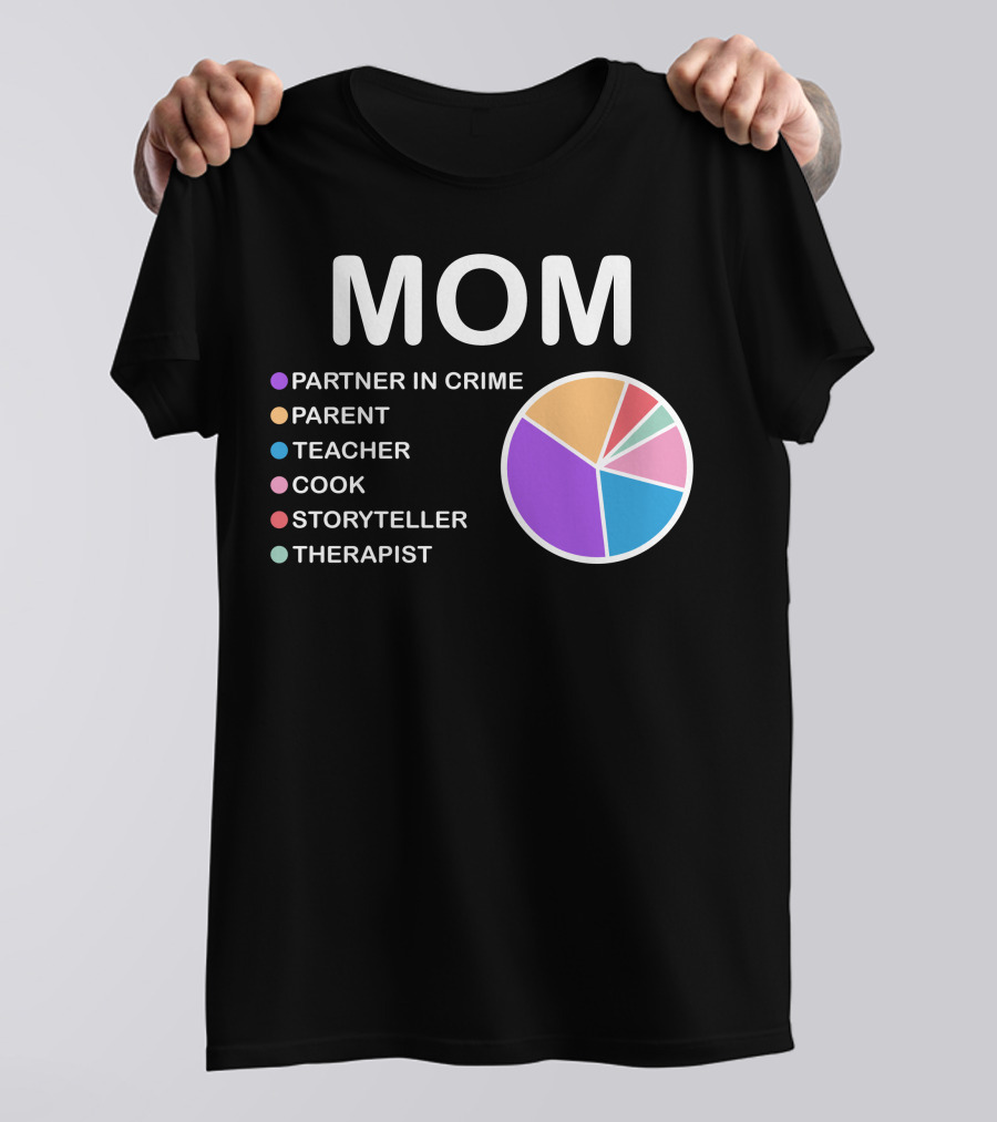 MOM Partner In Crime Parent Teacher Cook Storyteller Therapist Pie Chart T-Shirt