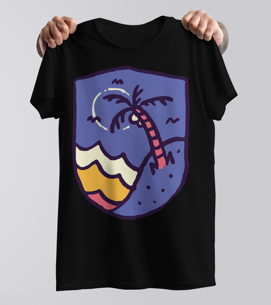 Night Beach Palm Moon Waves Coast Scene T-Shirt