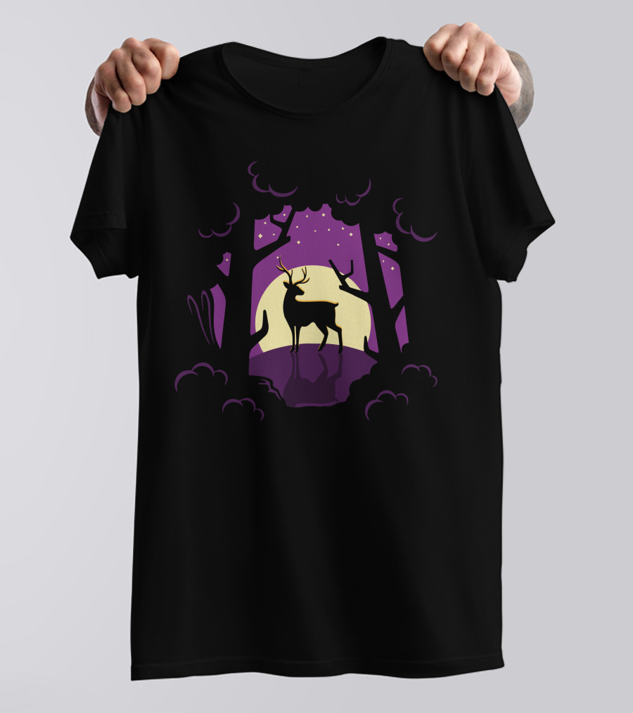 Night Deer Under Starlit Sky In Forest T-Shirt