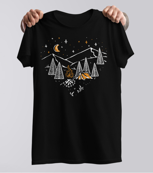 Heartfelt Campfire Under Starry Night Sky And Mountain Pines T-Shirt