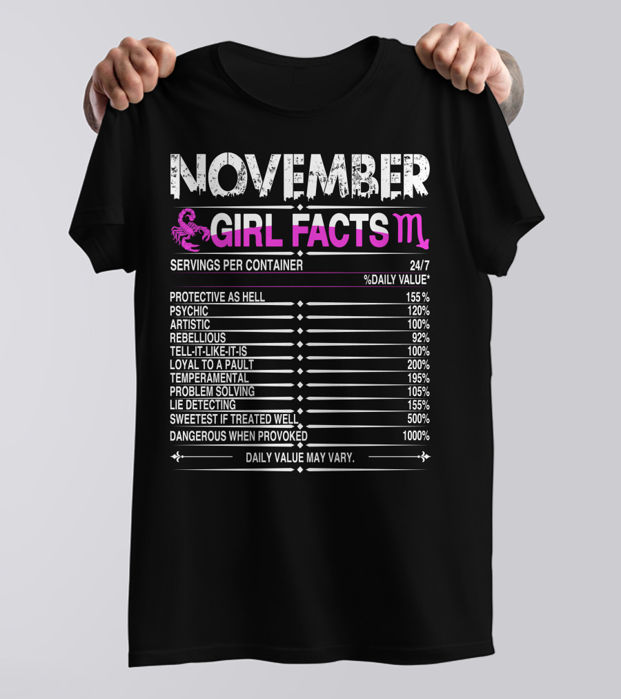 November Scorpio Girl Facts Protective Psychic Artistic Rebellious Loyal Temperamental Problem Solving Sweetest Dangerous T-Shirt