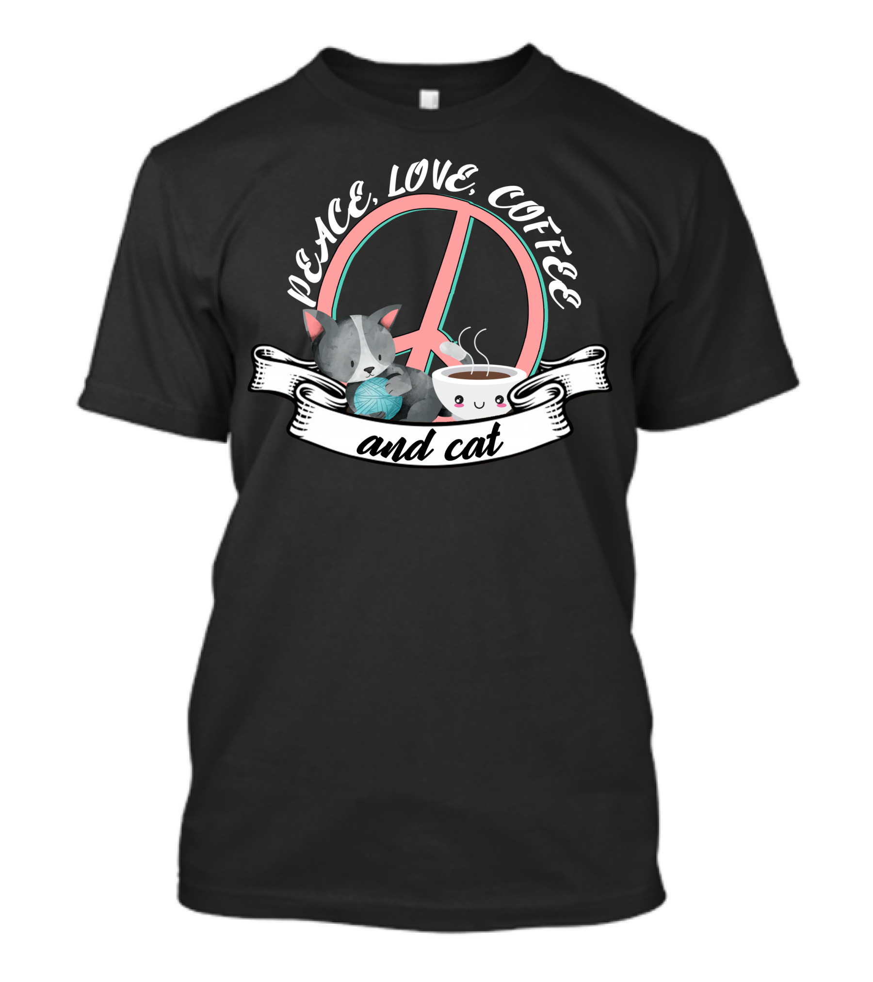 Peace Love Coffee And Cat With Peace Sign And Cat Holding Yarn And Coffee Cup T-Shirt