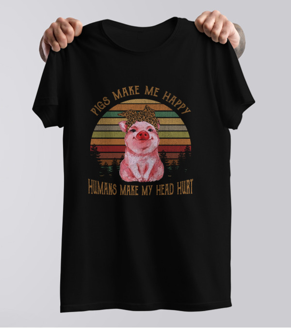 Pigs Make Me Happy Humans Make My Head Hurt Vintage Sunset Pig With Leopard Print Bow T-Shirt