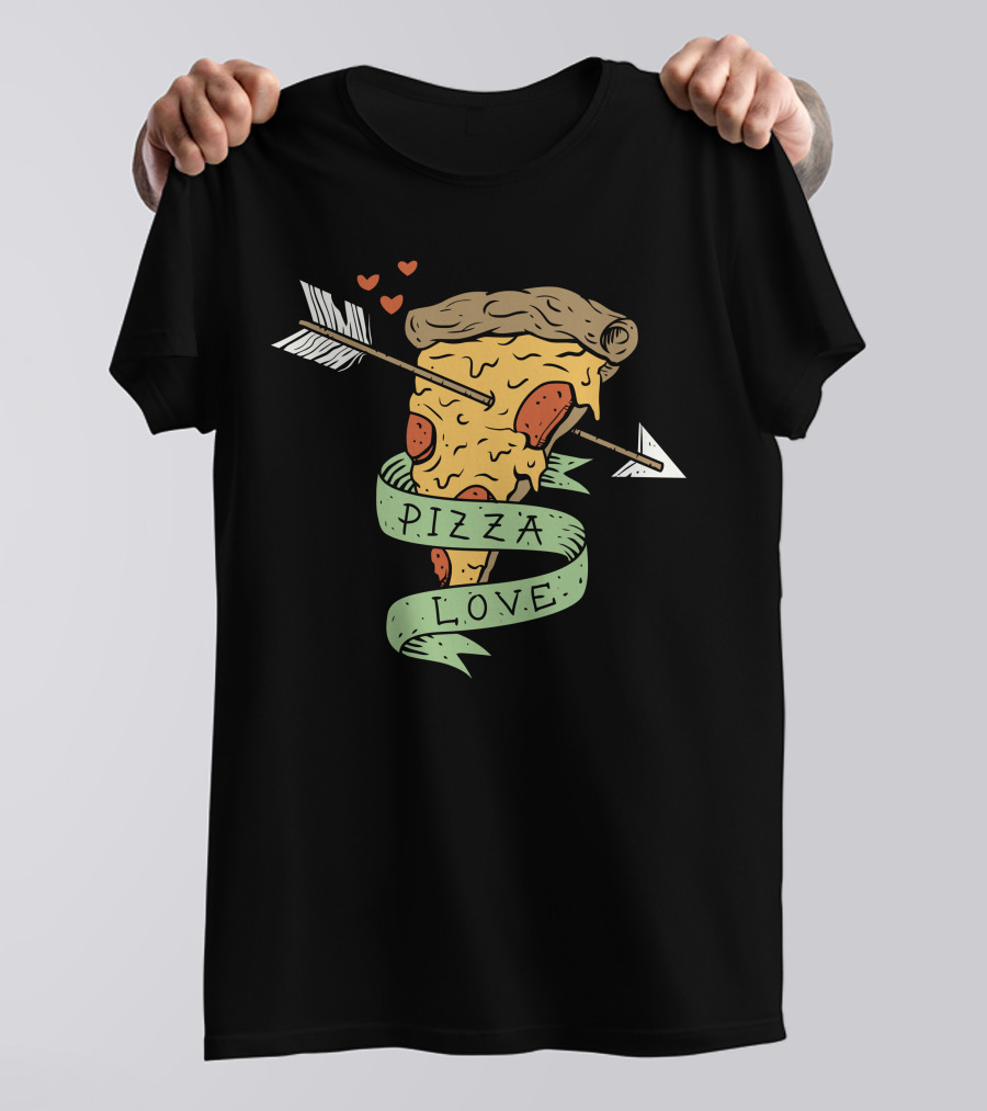 Pizza Love Slice Pierced By Cupid Arrow Hearts T-Shirt