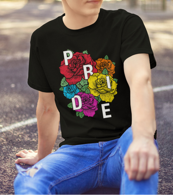Pride Month Transgender Rainbow Roses Bold Lettering T-Shirt