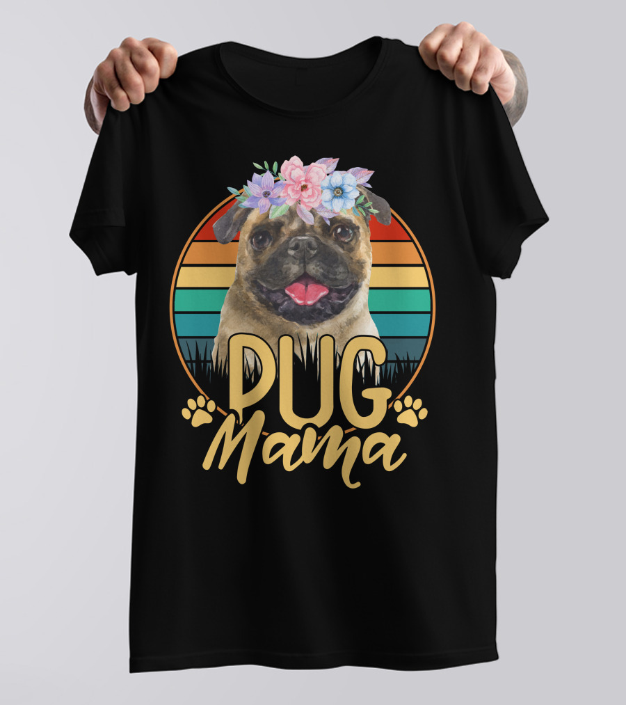 Pug Mama With Floral Crown And Retro Stripes T-Shirt