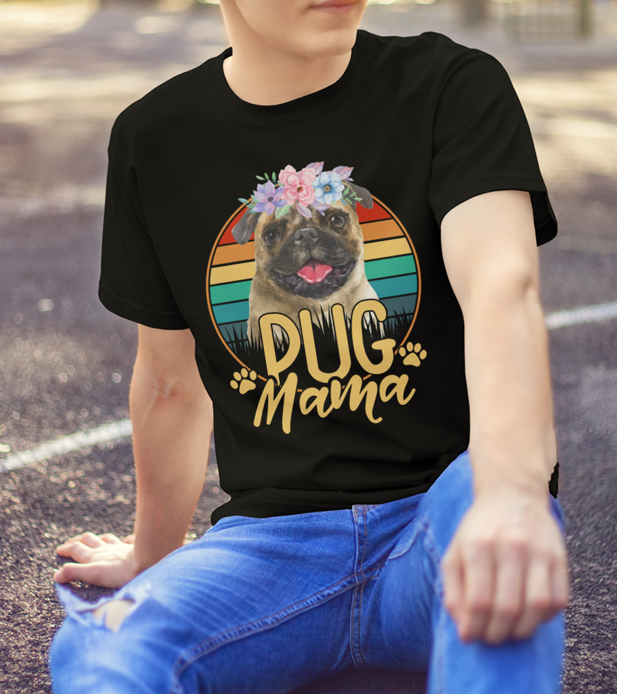 Pug Mama With Floral Crown And Retro Stripes T-Shirt