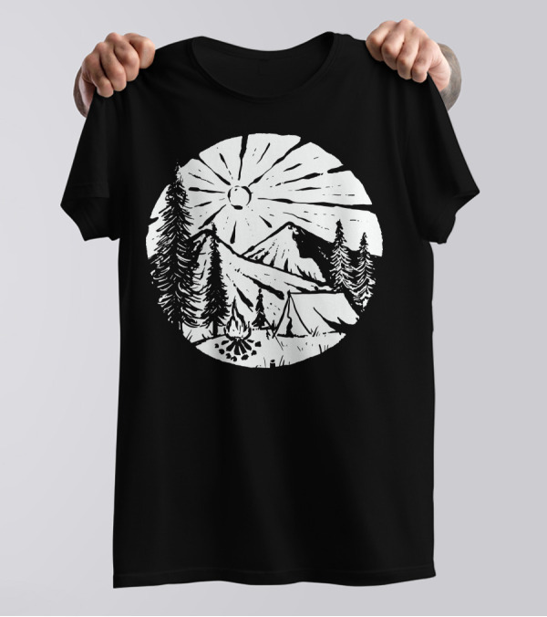 Camping By The Mountains With Pine Trees And Bonfire Under The Sun T-Shirt
