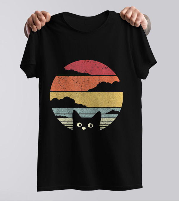 Retro Cat Sunset Stripes T-Shirt