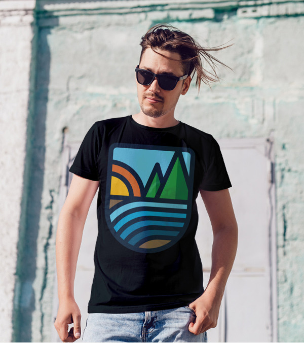 River Bold Sunset Mountain Willow River Badge T-Shirt