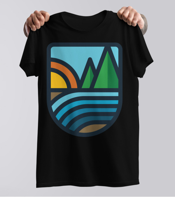 River Bold Sunset Mountain Willow River Badge T-Shirt