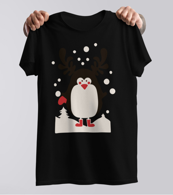 Santa Reindeer Penguin Snowy Scene T-Shirt