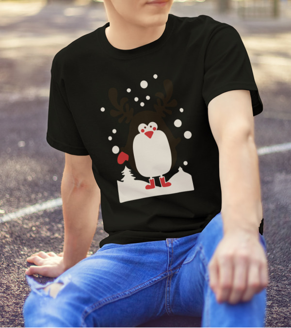Santa Reindeer Penguin Snowy Scene T-Shirt