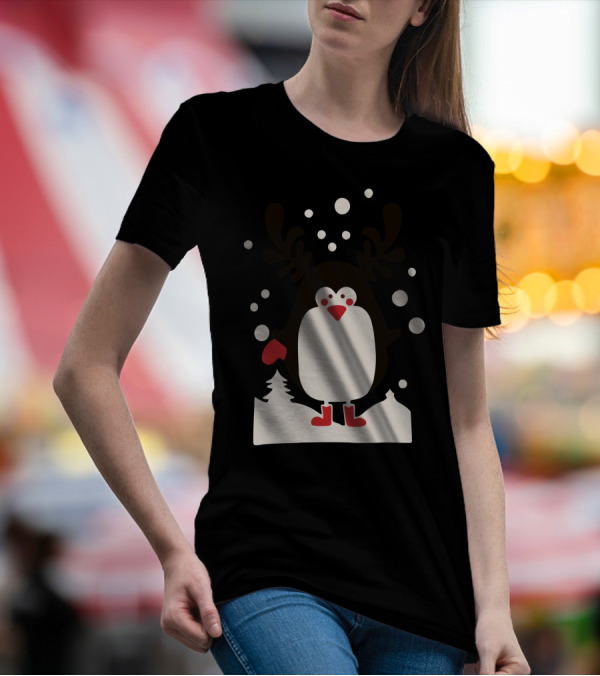 Santa Reindeer Penguin Snowy Scene T-Shirt