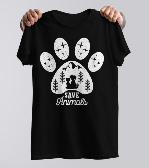 Save Animals Paw Print Silhouette With Stars And Forest Scene T-Shirt