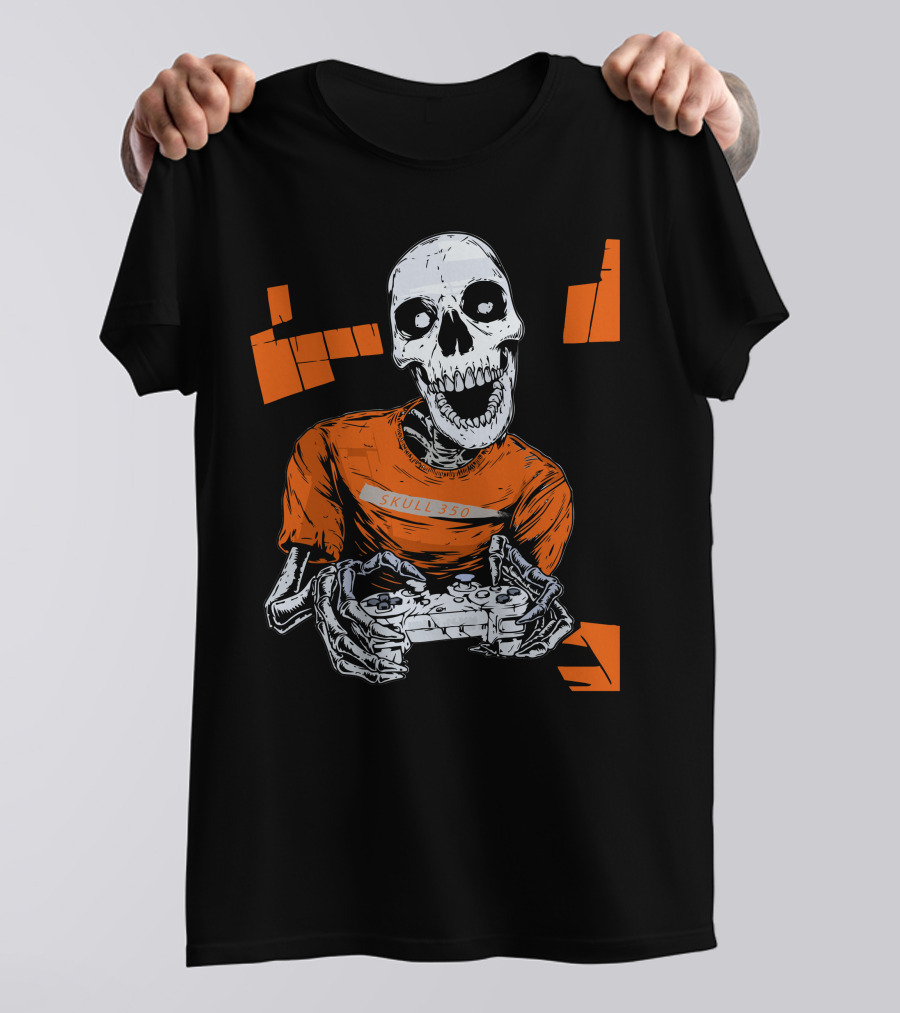 SKULL 350 Gamer Skeleton With Controller And Orange Blocks T-Shirt