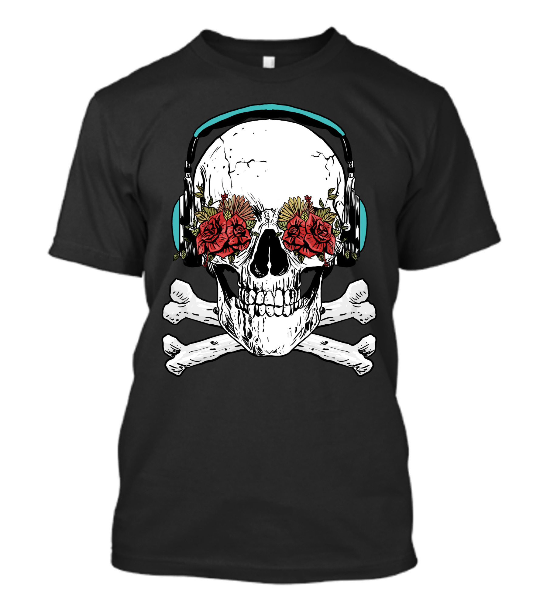 Skull Headphones With Roses And Crossbones T-Shirt