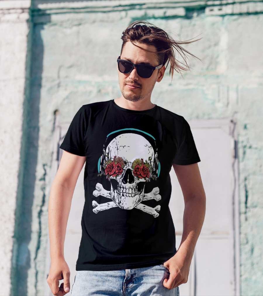 Skull Headphones With Roses And Crossbones T-Shirt
