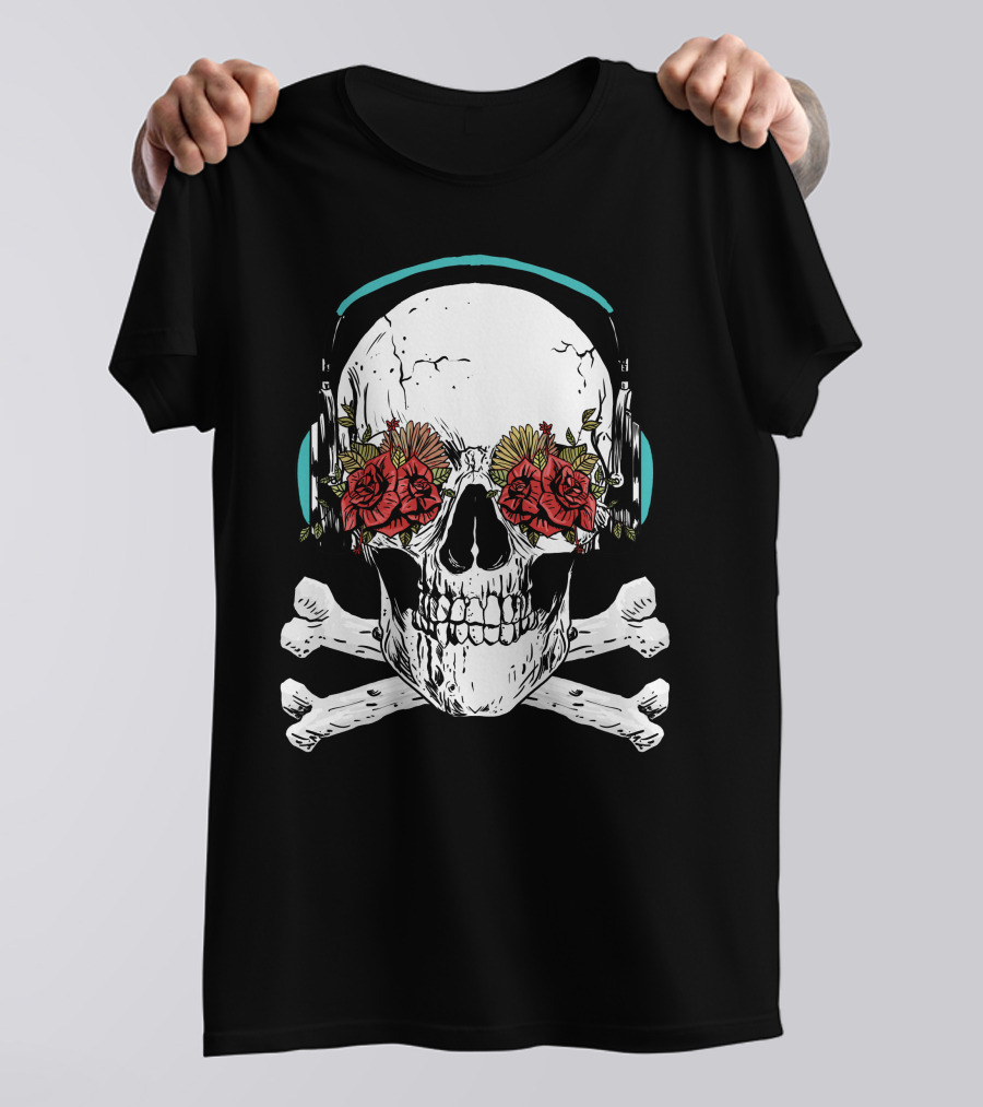 Skull Headphones With Roses And Crossbones T-Shirt