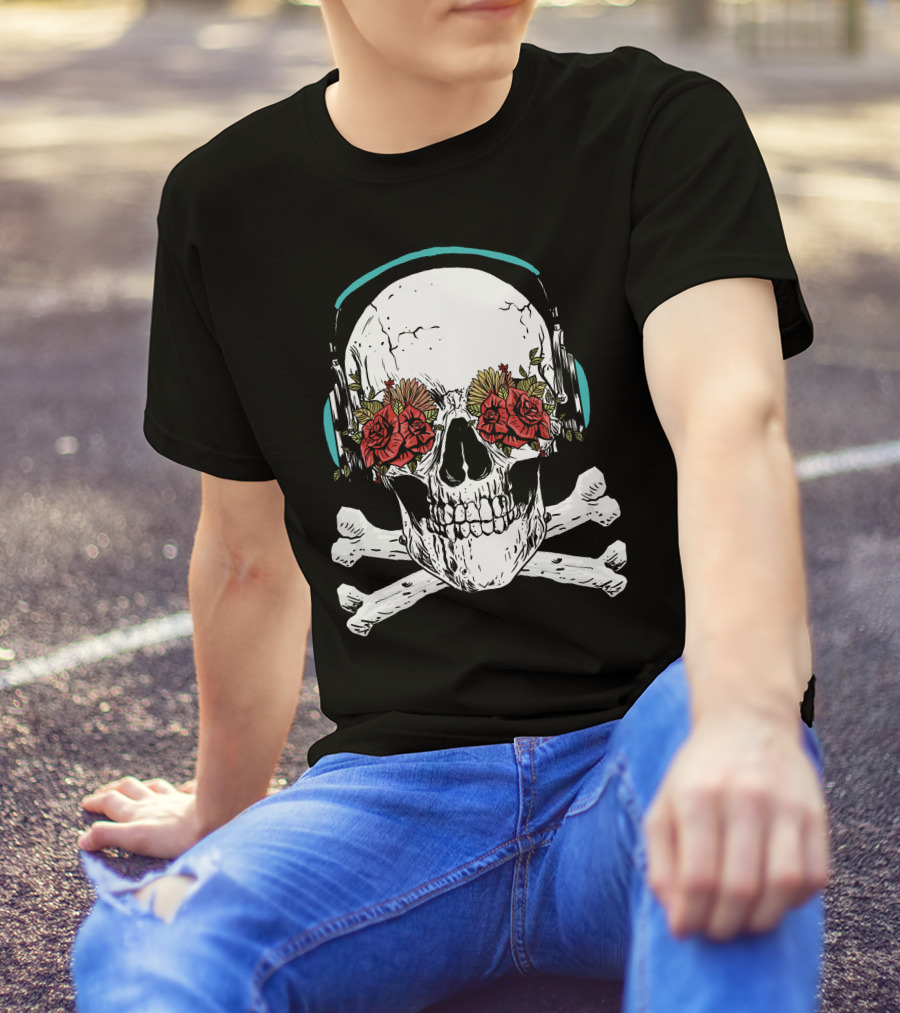 Skull Headphones With Roses And Crossbones T-Shirt