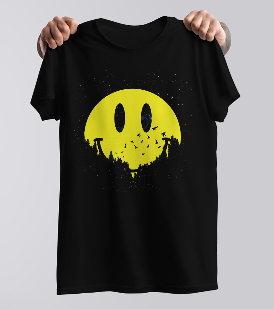 Smiley Planet Silhouette Forest And Birds In Night Sky T-Shirt
