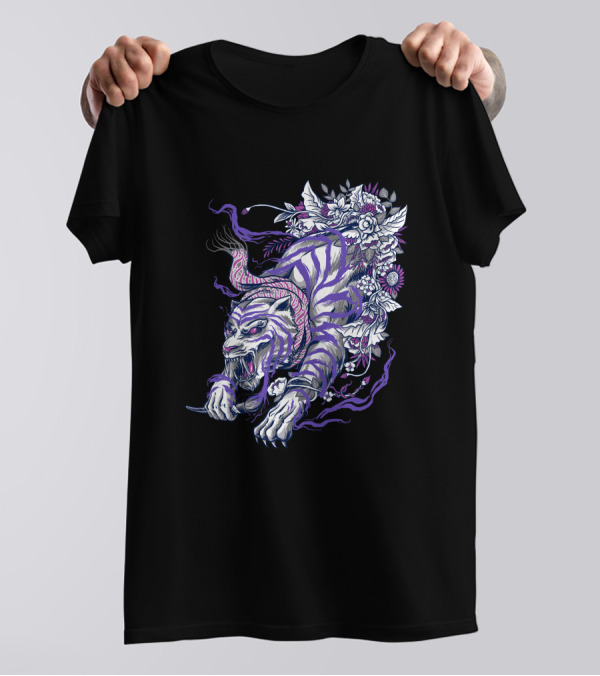 Ajian Macan Putih Tiger With Floral And Vine Elements T-Shirt